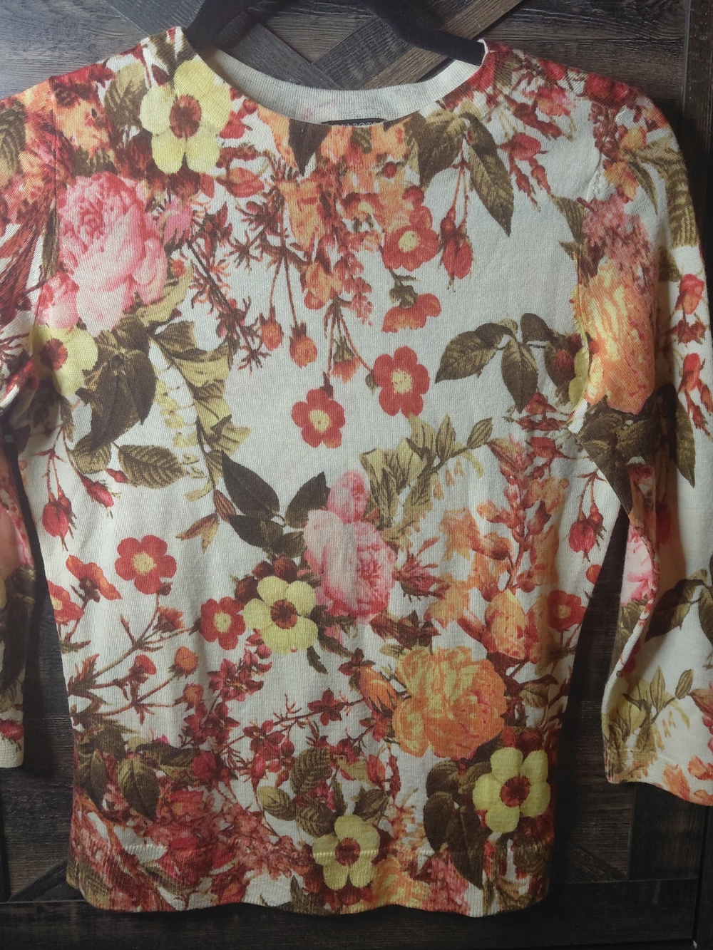 Talbots PETITE 100% Merino Wool Floral Print 3/4 Sleeve Sweater w/ Blooms Sz S